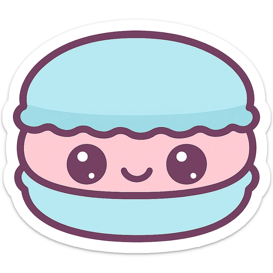 kawaii style macaron, smiling face, pastel blue and pink, big eyes, cheerful and fun sticker