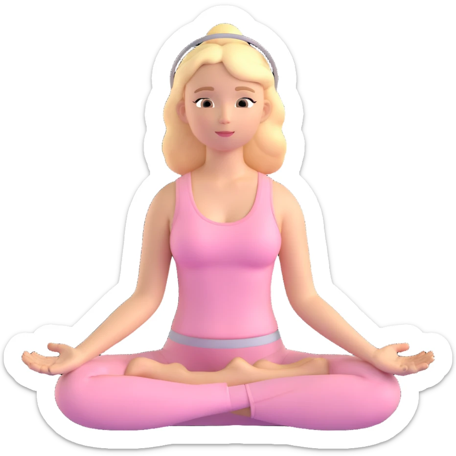 angelic blonde yoga girl in light pink yoga outfit, meditating with a halo sticker