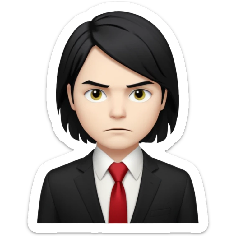 🎨 Classic Emoji — Gerard Way (Revenge Era)
Round, simplified emoji style
Pale skin tone
Jet-black, shoulder-length hair
Heavy eyeliner and slight red shadow under the eyes
Subtle serious / melancholic expression
Hint of red tie visible on black suit
Transparent background sticker
