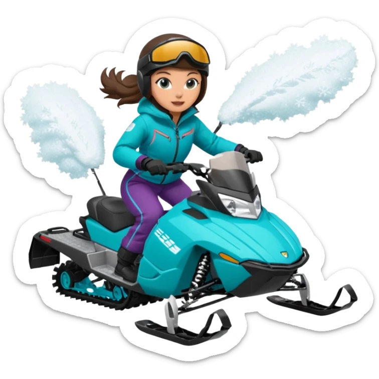 Can you create an emoji of a brunette girl on a teal polaris khaos 850 155 snowmobile doing a wheelie with snow flying sticker