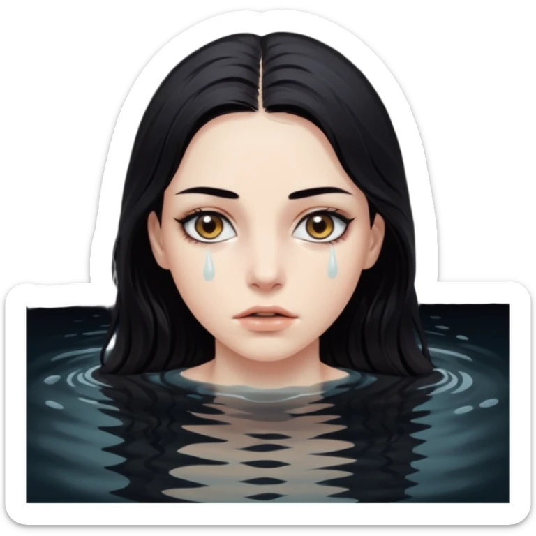 Woman submerged in black water, wet skin and eyes above surface, silent invitation sticker