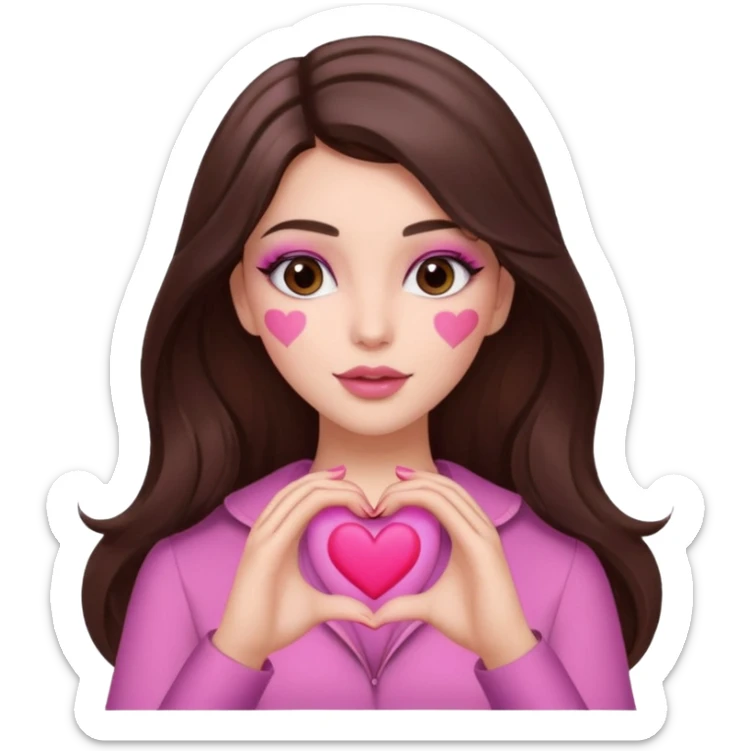 Pink and brown emoji, love emoji inspired with brunette hair, brown eyes, long hair, heart shape lips and pink make up making a heart with her hands and pink nails, mauve pink blush sticker