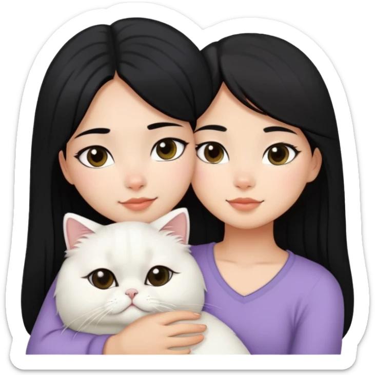 Black hair and black eyes filipina girl snuggling ash white Persian cat sticker