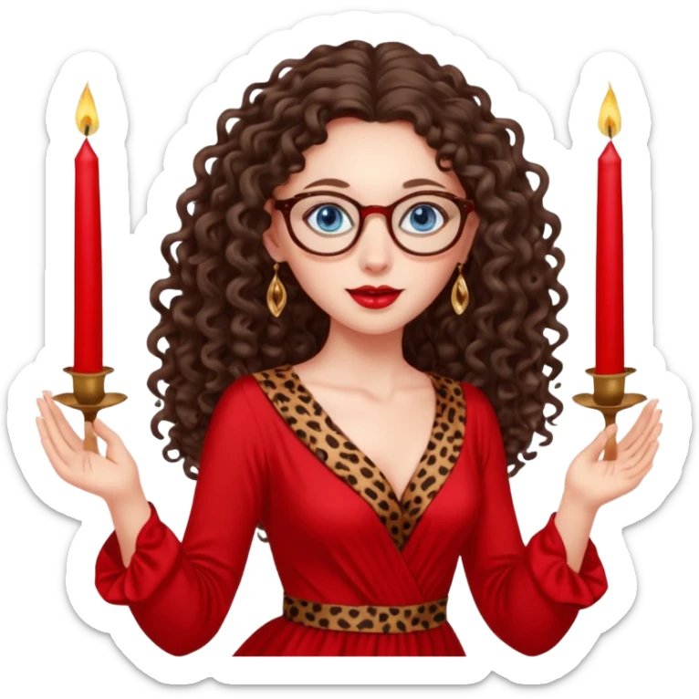 a blue eyed woman with very long brunette curly hair, full lips,and really pale skin. She is wearing a leopard printed thin round-ish glasses . She is wearing fully plain silky red dress. She is flying on the air. There are red candles in her hands. She is making a magic. sticker