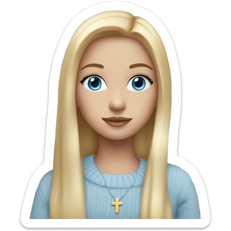 Girl with blonde long straight hair, blue eyes, sweater that is pastel blue, golden hoop earrings, blue eyes, and cross necklace sticker