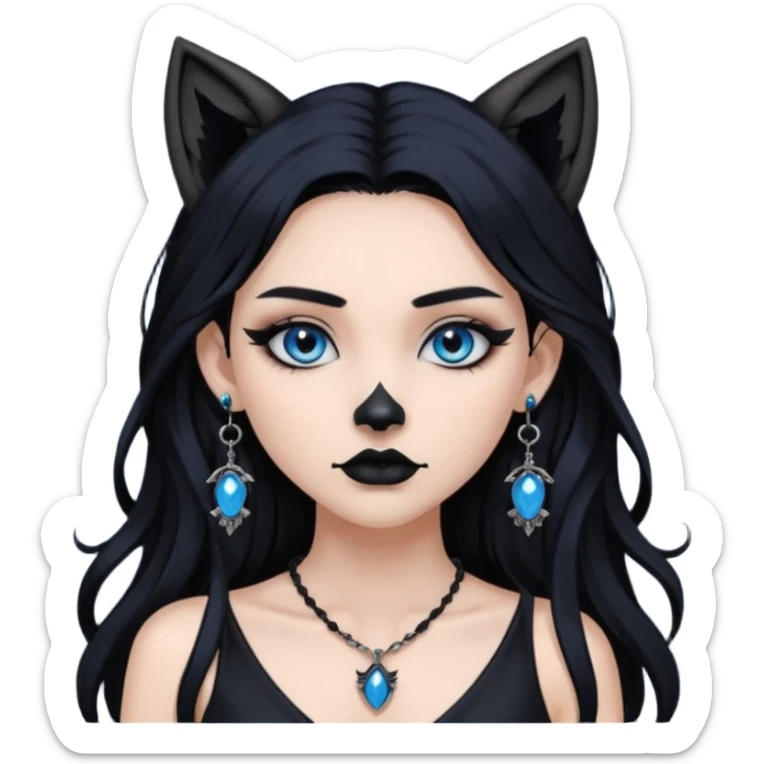 A girl with long black hair and blue eyes, black eyeshadow, black eye liner, mascara, and black lipstick, and black skull earrings. Also a black sexy dress and wolf ears  and a black pendent   sticker