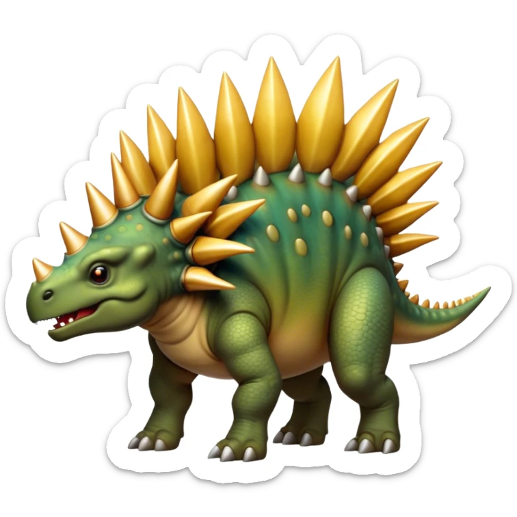 Cinematic Noble Stegosaurus Portrait Emoji, Poised and dignified, with a sturdy, low-slung body adorned by a distinctive row of bony plates along its back and a spiked tail, a small, determined head with observant eyes, Simplified yet sharply defined features, highly detailed, glowing with a soft, earthy radiance, high shine, intelligent and resolute, stylized with an air of ancient armored majesty, focused and alert, soft glowing outline, capturing the essence of a watchful and confident Stegosaurus that appears ready to lumber out of the screen with effortless authority! sticker