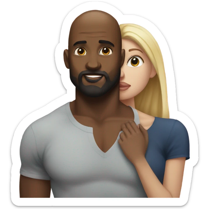 White girl brunette kissing muscular black bald man with beard sticker
