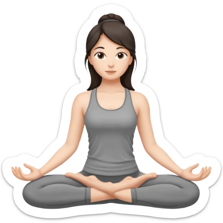 a brunette girl doing yoga, she is wearing a grey fit and she has dark loose hair.  sticker