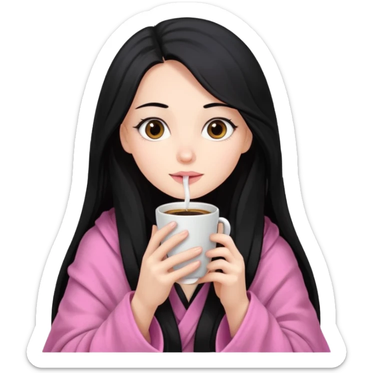 pretty girl with very long black hair, wrapped in a pink blanket, sipping coffee sticker