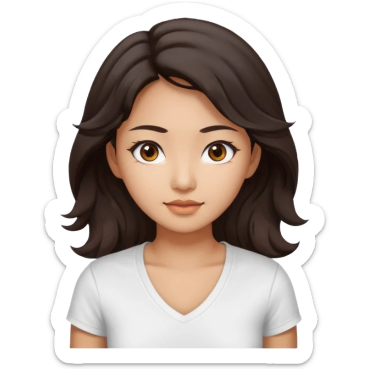 iOS style emoji. A girl with very long dark brown wavy hair. And the eyes color is dark brown. And she is wearing white t shirt with V kneck. And she is 30. She is Asian with double eyelids  sticker