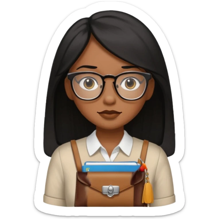 Cor da pele parda óculos um pouco quadrado cabelos longos e preto roupas blusinhas de manga curta with a purse sticker