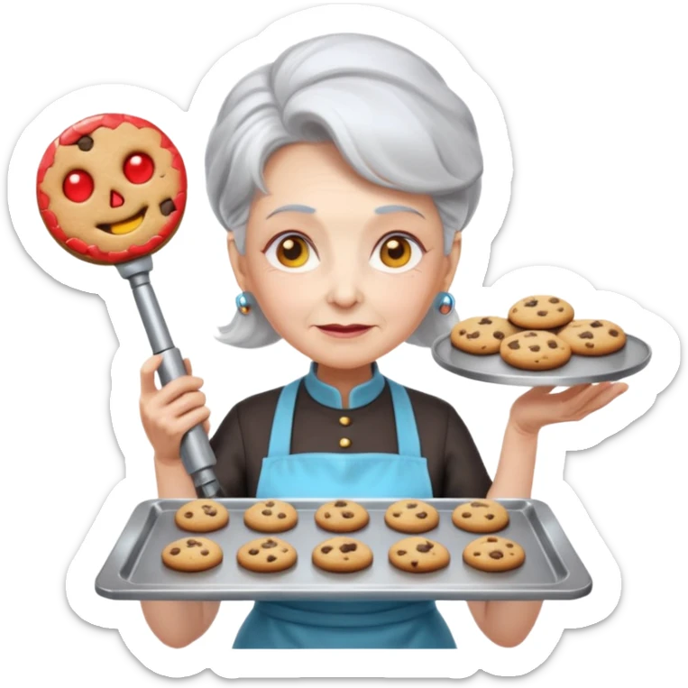 Portrait of a cyborg grandma with a mechanical arm holding a baking tray, glowing eyes and chrome apron, cookies perfectly aligned, sci-fi kitchen, emoji-style sticker