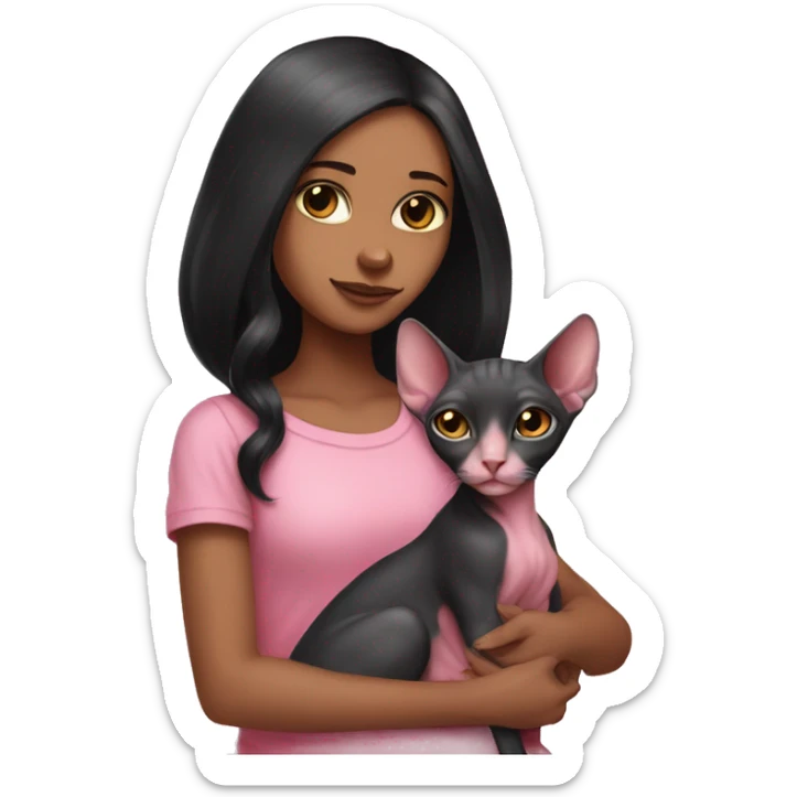 pink sphinx cat in the arms of a girl with long black hair sticker