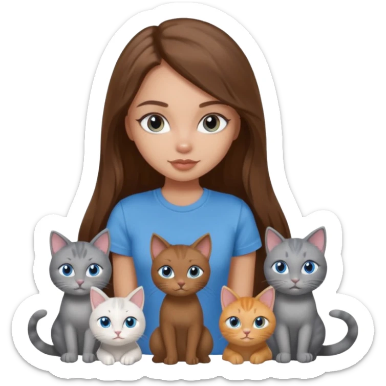 a pretty bratz dusky light skin girl with long brown hair, blue eyes with six cats nd wearing a grey tshirt sticker