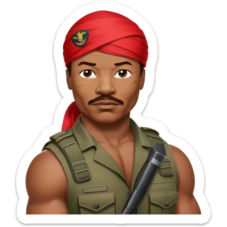 Carl Weathers as Dillon from Predator movie, muscular man in military gear with bandana sticker