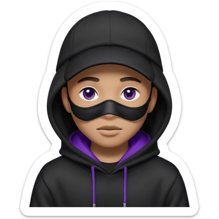 Cartoon blacked character related to a shadow, with all black clothes, focusing a hoodie with his cap on and a black facemask, no visible face because of the darkness, just his purple shadow eyes making a light bloom sticker