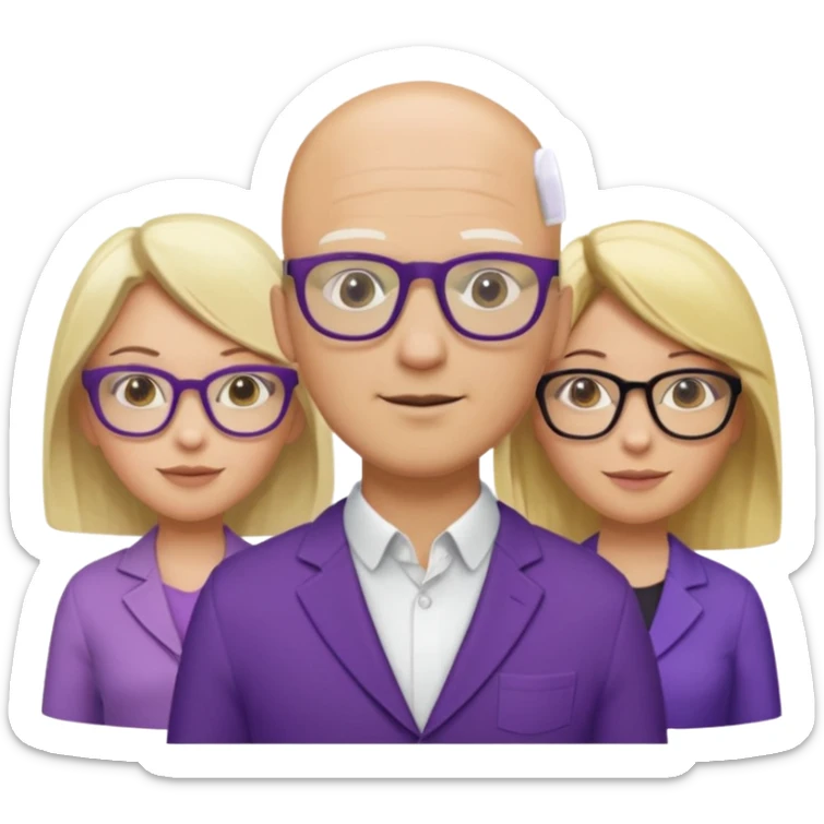 5 person team; 2 men and 3 women.  All dressed in yellow or purple.  Women have blonde and ash blonde hair.  1 man is black and bald, 1 man is caucasian and very little hair left.  All have glasses sticker