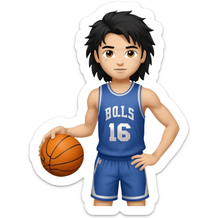 generate a pretty fair bratz boy with a long messy mullet (black hair), carrying a basketball in one hand. Smirking .  Lean but biceps sticker