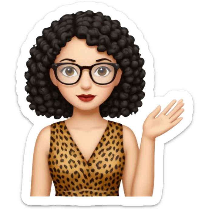 A women who wears glasses with a black curly hair, in a leopard print dress  sticker