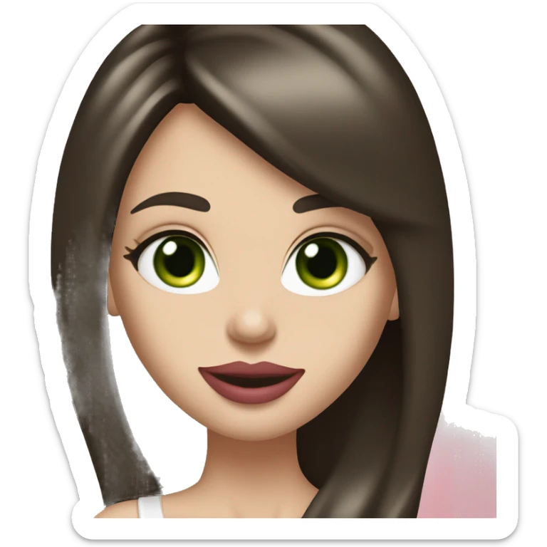 Brunette bombshell supermodel girl with long straight hair, pale skin, big pink lips and green eyes, smiling  sticker