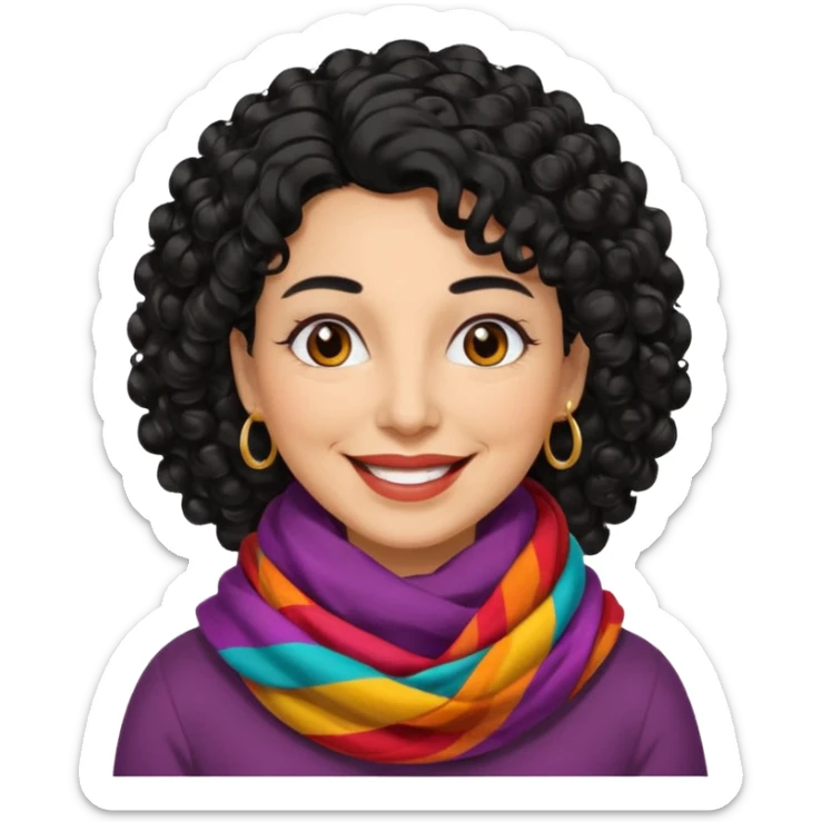 emoji of a woman in her 50s, curly black hair, wearing a colorful scarf, smiling sticker