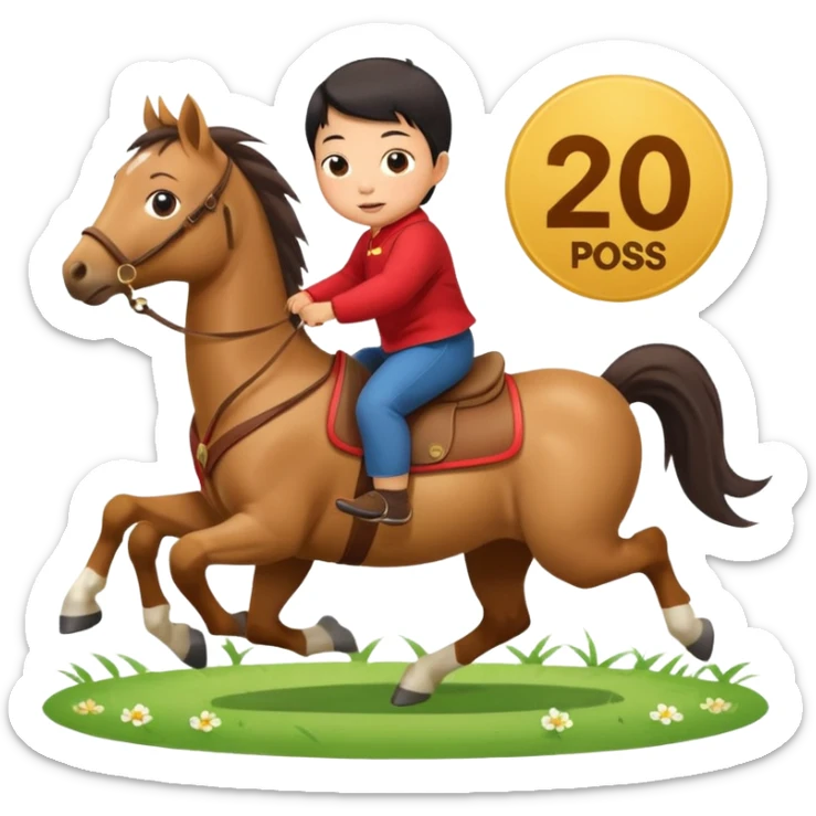 l little chinese baby riding on a  cute horse running really fast on the grass with 2026 year's label sticker