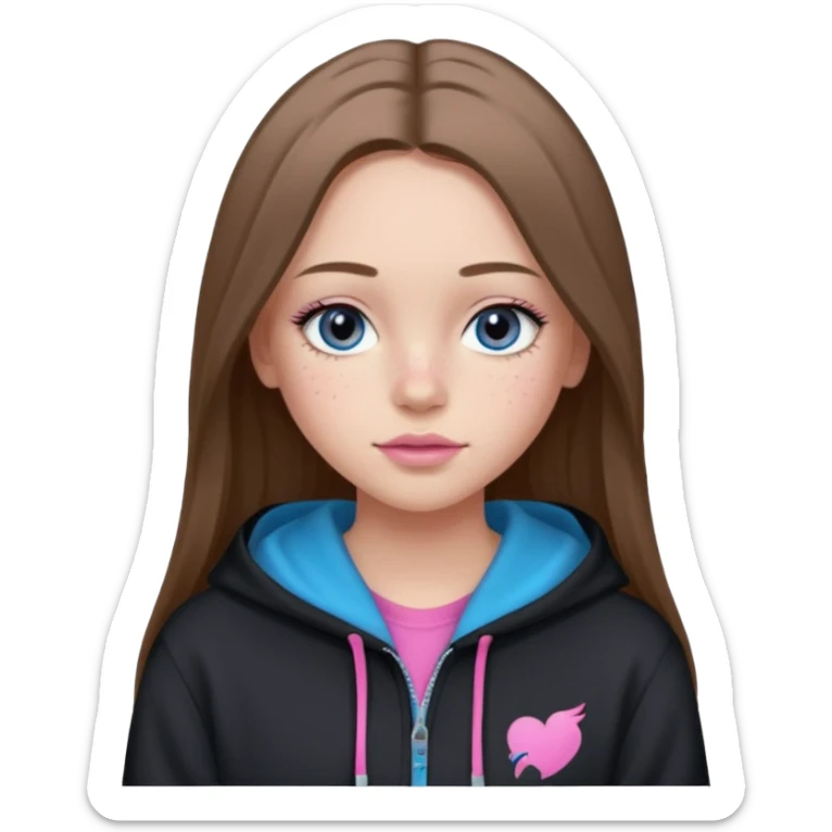 Create a TEENAGE girl with LONG and straight light brunette hair with a middle part, light skin, light freckles, and blue-gray eyes. She will have pink lips and LONG eyelashes. She will be wearing a black hoodie sticker