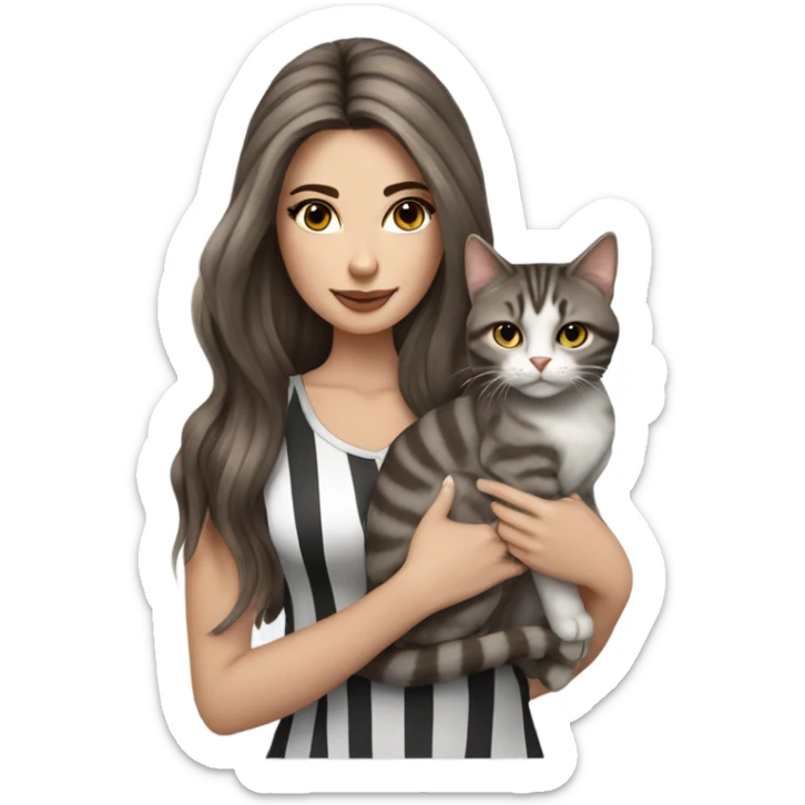 Beautiful brown haired tattooed woman holding gray and white striped long hair cat sticker