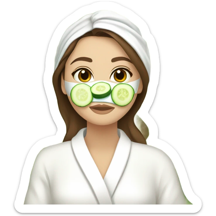 White girl with Brown hair and blue eyes wears a Green clay colored skincare textured mask and puts on cucumbers around her eyes while She relaxes in her white Robe sticker