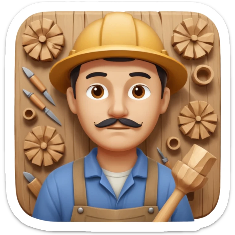 wood carving carpenter portrait, head and shoulders only, carving wooden figure with chisel, wood shavings visible, focused craftsman expression, artisan workshop vibe, 3D cartoon style, mobile game icon style, clean background, no text, no watermark
 sticker