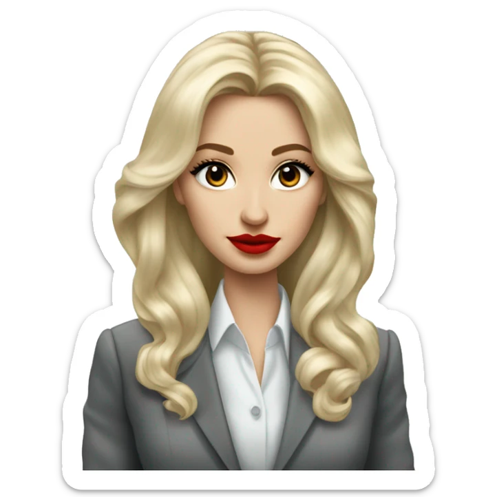 Russian Blonde long hair with red lips small nose and black eyes Tiffany diamond seller in a grey suit sticker