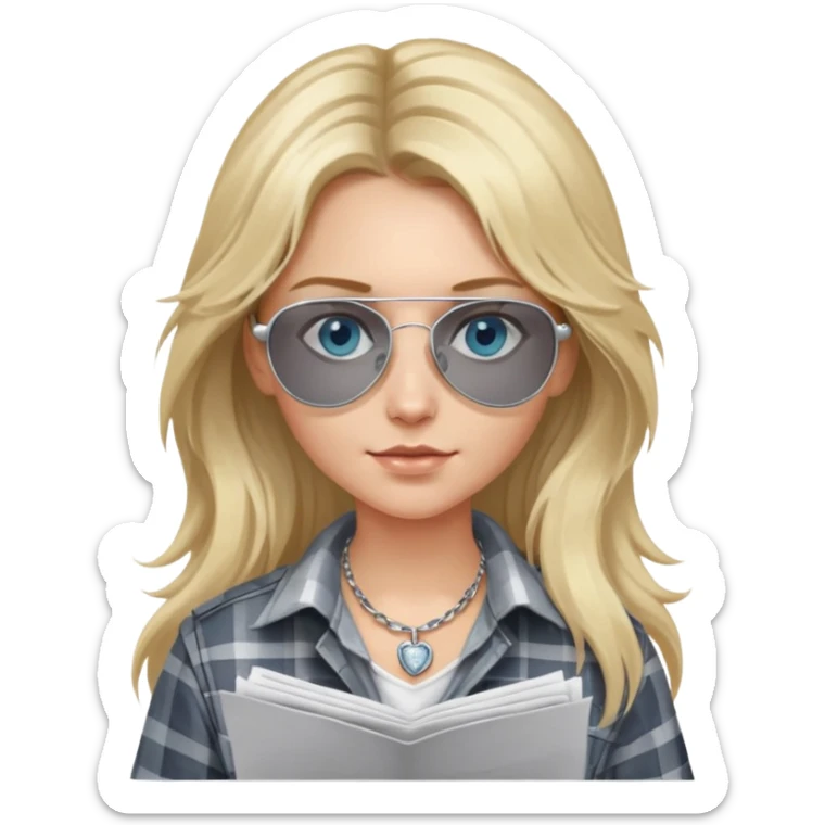 girl with long blond messy hair wearing grey plaid shirt with blue eyes and aviator sunglasses wearing a ring on her silver necklace, holding lawyer papers sticker