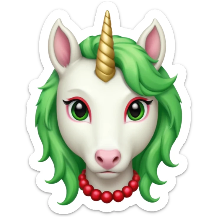white furred unicorn with green hair and big red earrings looking into camera and big horn sticker