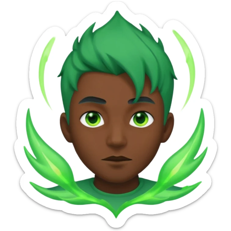 Make an emoji of a 🙎🏽‍♂️with green hair spiking up with a green aura around him sticker