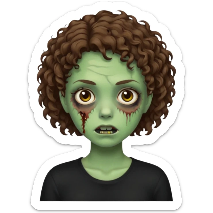 Zombie girl emoji verde um pouco escuro com cabelo curto cacheado castanho no ombro com uma blusa preta sticker