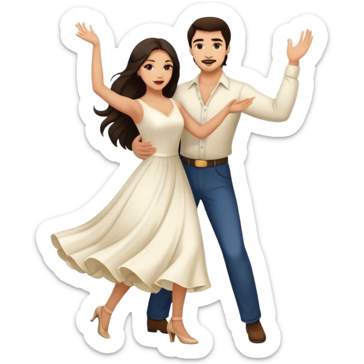 Beautiful woman in 1950’s woman fashion look, white dress, long dark brown hair, balboa couple dance  sticker