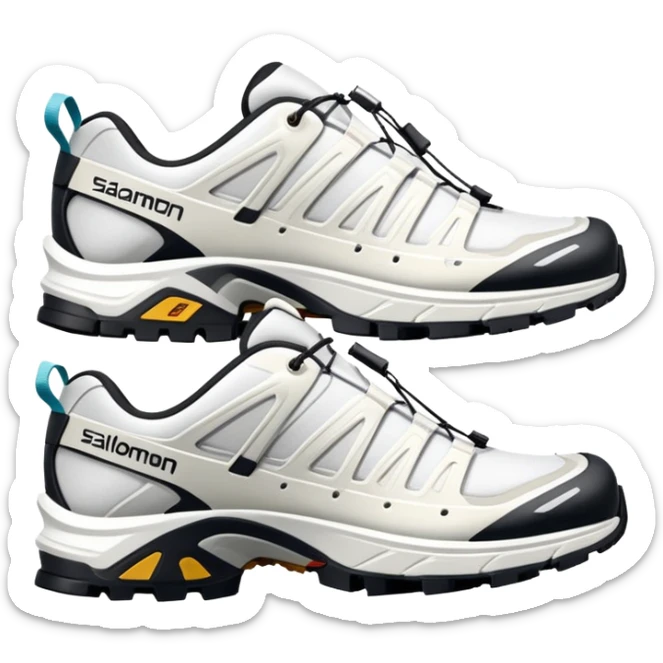 Super simplified pair of white Salomon XT-6 shoes, flat design iOS emoji style, minimal approach with only the most essential details, one positioned behind the other sticker