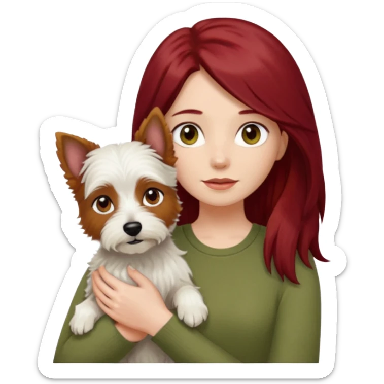 white terrier dog being held by woman with dark red long hair and hazel eye wearing olive green top sticker