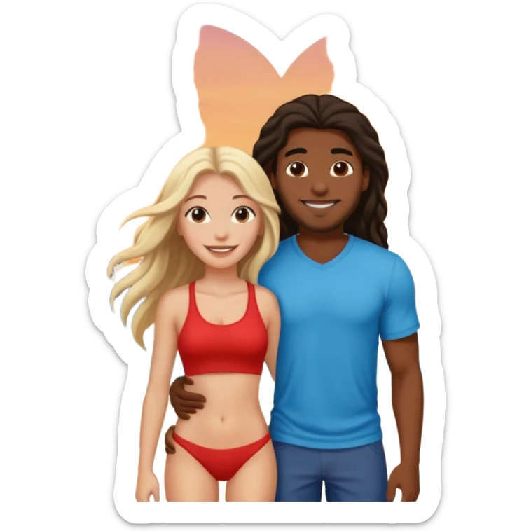 Black man white girl long hair in love on beach  sticker