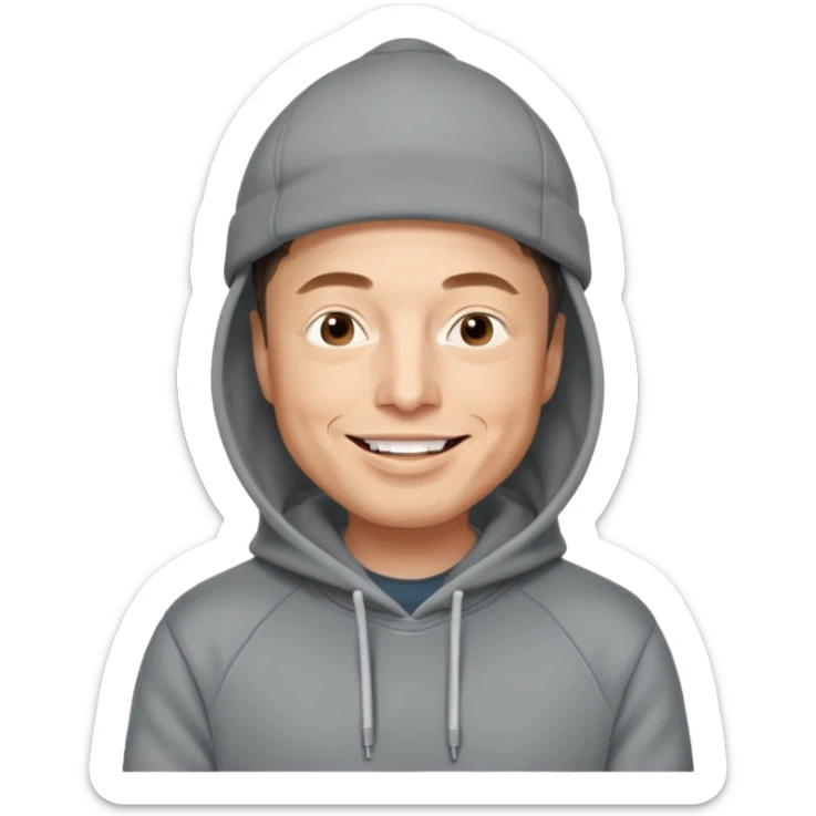 elon musk in gray hoodie full height, wear hoodie hat, happy sticker
