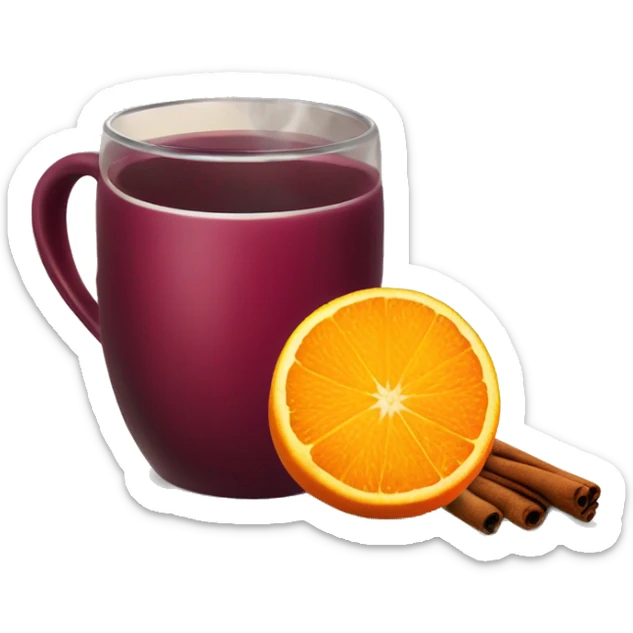 A Christmas mug of hot mulled wine, steaming with a cinnamon stick outside and an orange slice next to it sticker