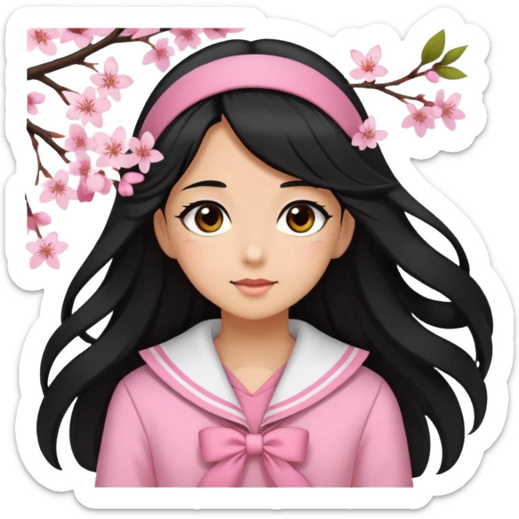  A girl with a Black long hair, and a Pink sailor suit, enjoying the spring breeze，Wearing cherry blossoms on your hair sticker