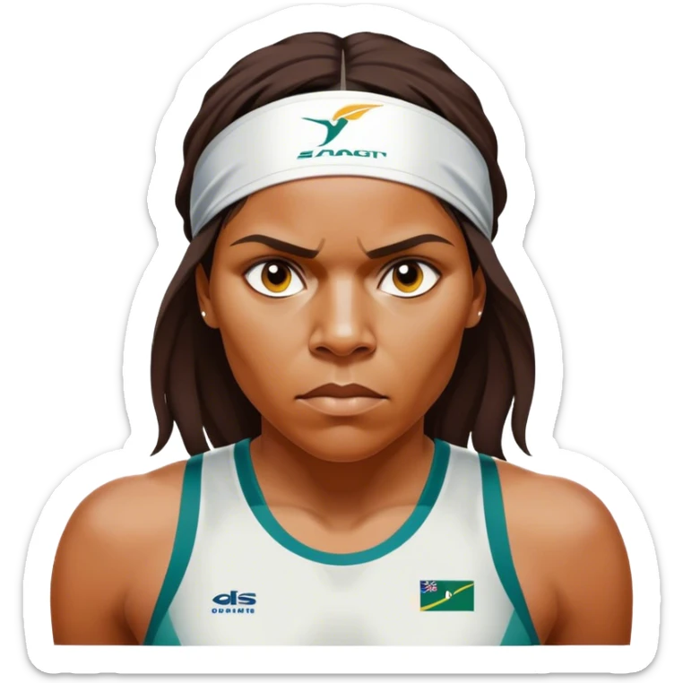 Cinematic Realistic portrait of Cathy Freeman, shown as an iconic Australian athlete with a focused, determined expression and modern athletic attire accented with subtle native motifs, rendered in dynamic, vibrant lighting sticker