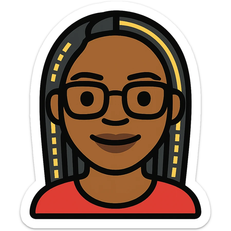 headshot emoji of Kemi Badenoch, glasses and braided hair, standing, minimal flat style, transparent background sticker