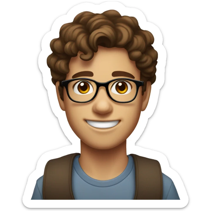 Boy (age 21) with brown hair, freckless near chin and glasses on, with less curles, and a more goofy smile sticker