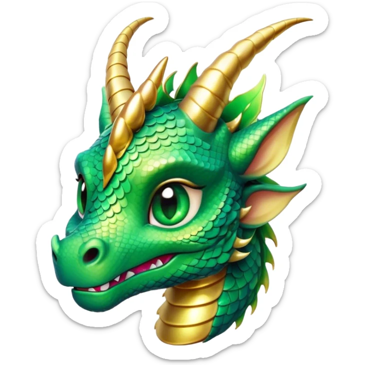 Cinematic Cute Dragon Portrait Emoji, Head tilted playfully and inquisitively, featuring a sleek, serpentine form adorned with iridescent scales that shift between emerald and gold, a delicate set of subtle horns, and round, sparkling eyes full of curious magic; rendered with realistic detail and warm natural light, high shine, affectionate and enchanting, styled with a touch of whimsical fantasy, soft glowing outline, capturing the essence of a mischievous yet lovable dragon that seems poised to slither playfully into your arms! sticker