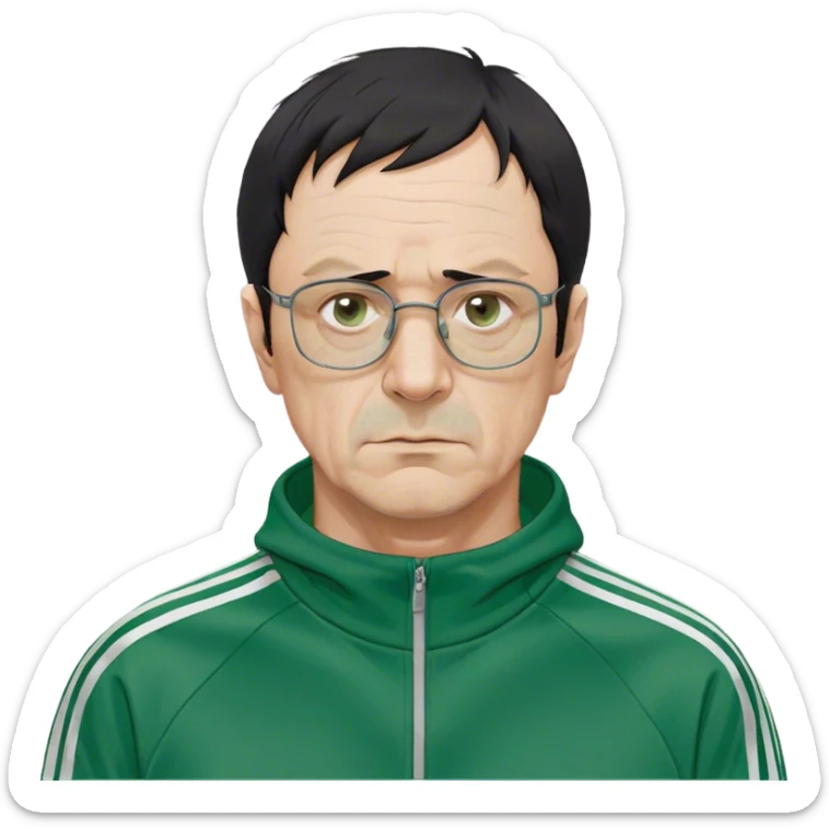 Park Ju-un is a middle-aged man, around 45 years old, green tracksuit, with tired eyes that carry the weight of a lifetime of struggles. His thin-framed glasses sit slightly crooked on his nose, one lens showing a faint crack from an earlier scuffle. His black hair, streaked with strands of gray, is unkempt and damp with sweat.

His face is gaunt, with deep wrinkles lining his forehead and around his mouth, evidence of years of stress and hardship. He wears the standard green Squid Game tracksuit (#369), but his jacket is slightly loose on his thin frame, and the collar is stained with sweat. His hands, slightly calloused from years of office work, tremble as he grips the small needle. sticker