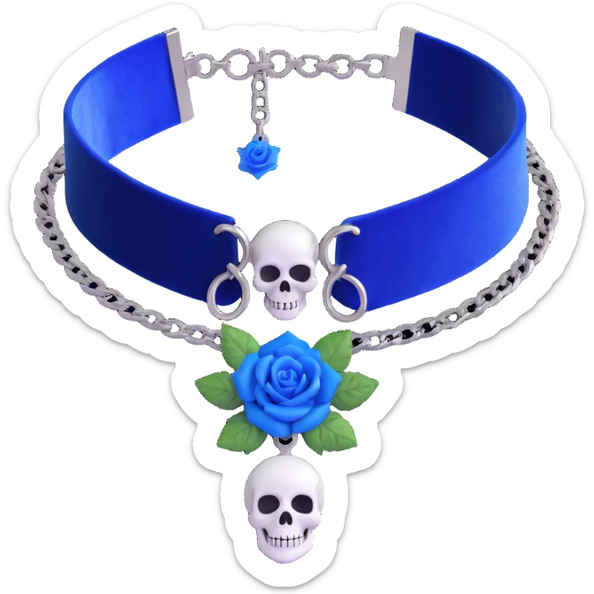 gothic choker with royal blue velvet band, silver skull charm, blue rose centerpiece, glowing white aura effect, dramatic and gothic sticker
