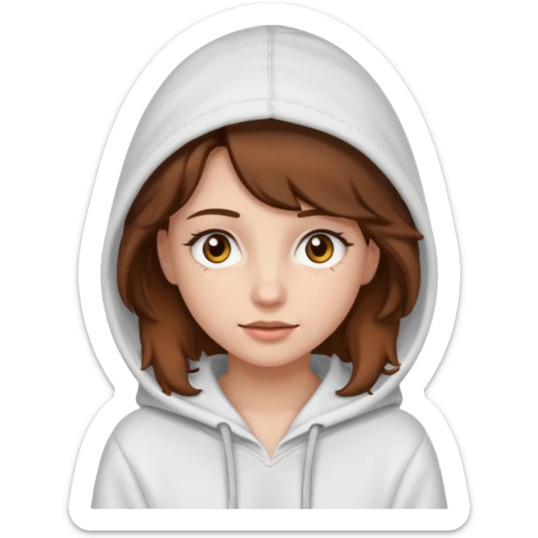 Una ragazza con una felpa semplice bianca,ha gli occhi marroni,i capelli marroni  , c’è gli ha lunghi e ricci ma non troppo e ha le ciglia stile emoji apple sticker